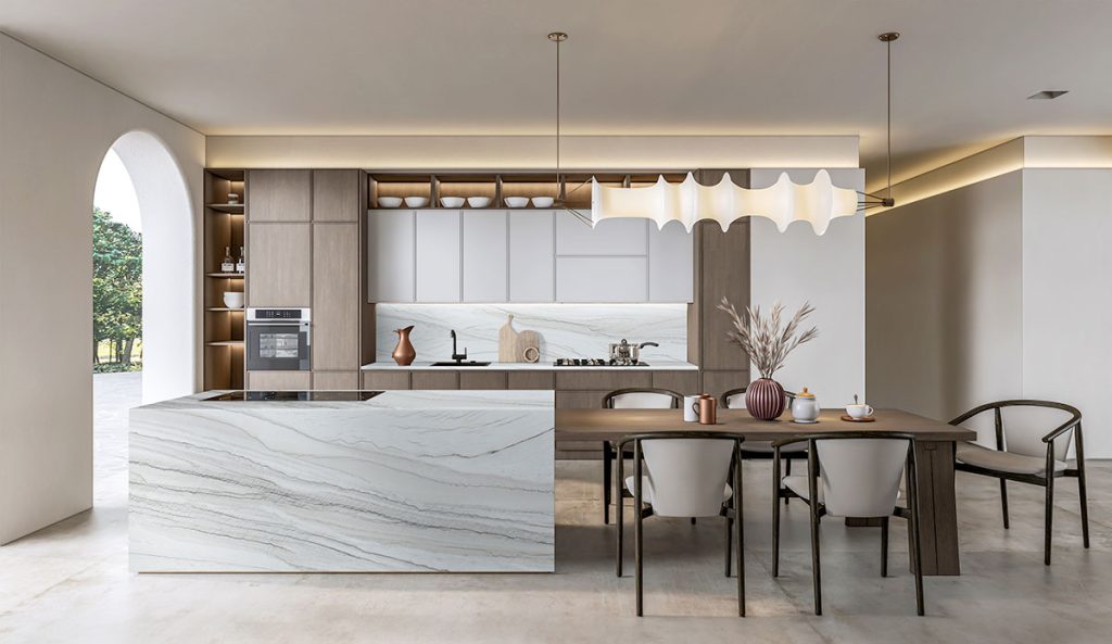 kitchen with white countertops and grains on it